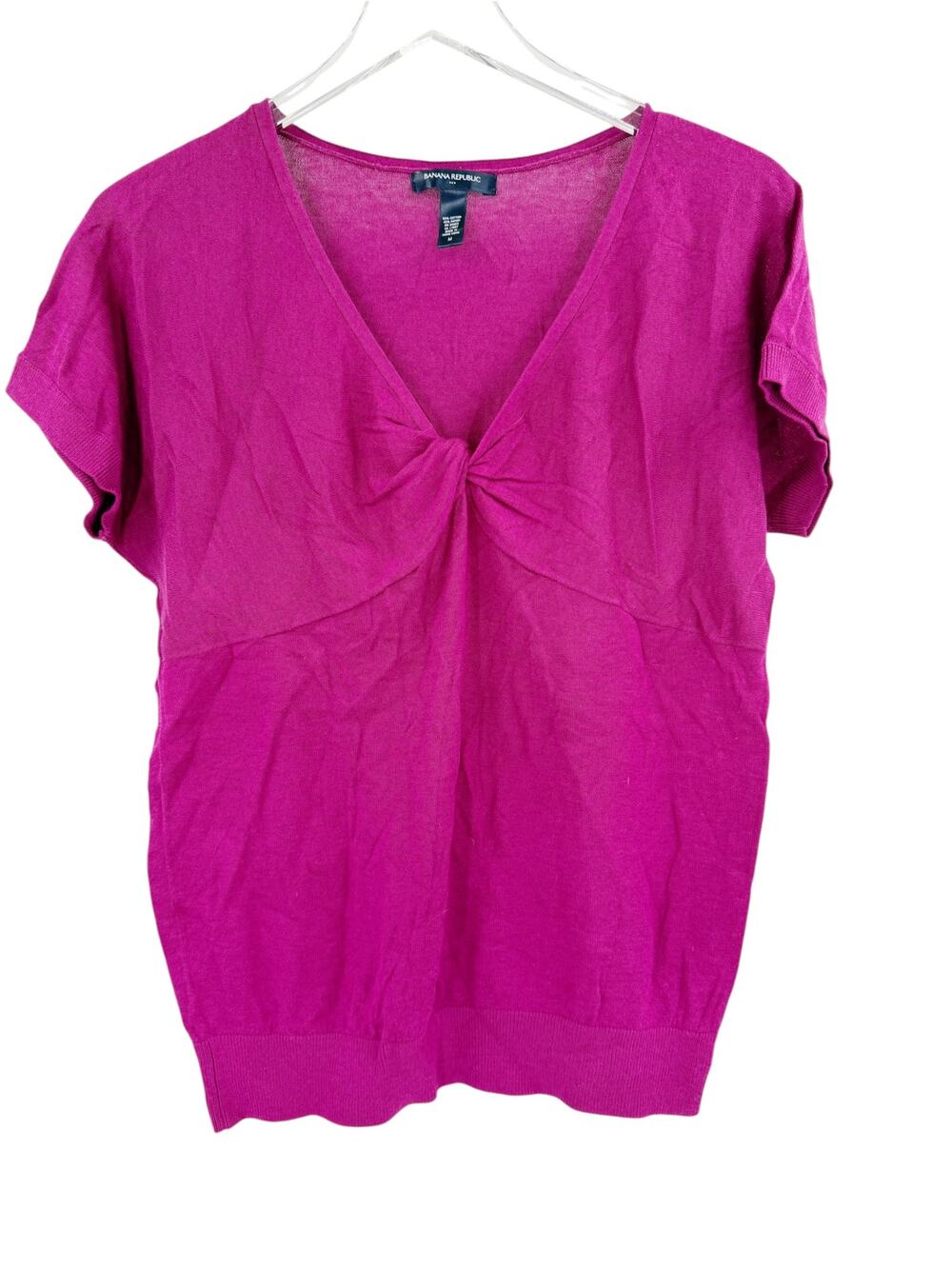BANANA REPUBLIC Top Size M Short Sleeve V Front Twist Cotton Knit Fuchsia Purple